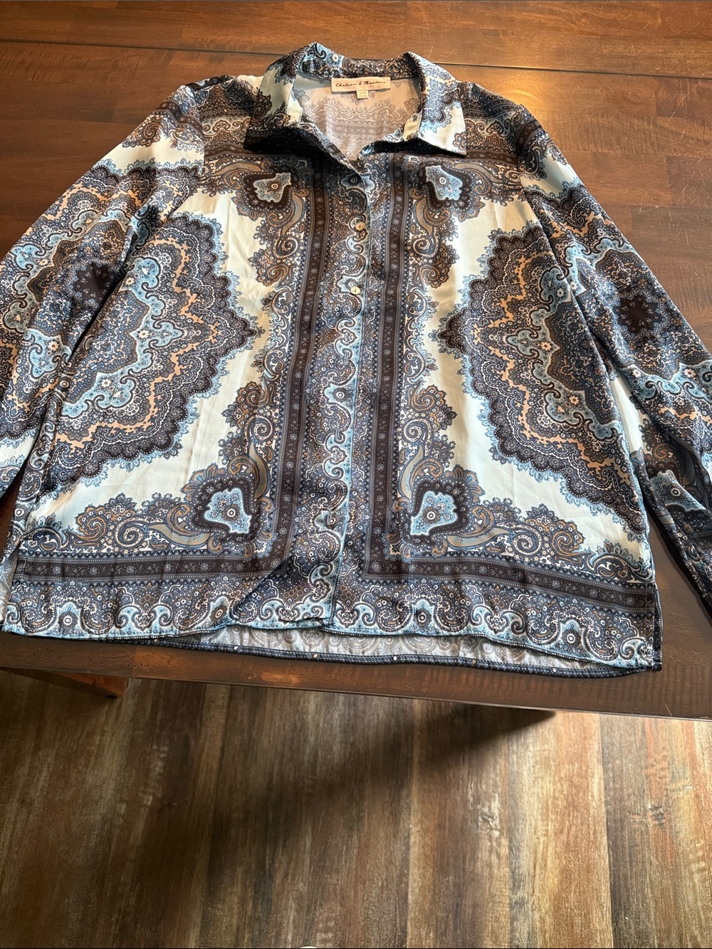 Chelsea & Theodore Blue and Brown Paisley Button-Front Blouse